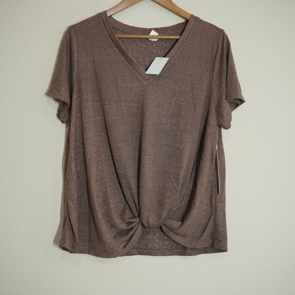 Caslon Size Large Short Sleeve Top Espresso Brown Front Knot V-Neck Heathered